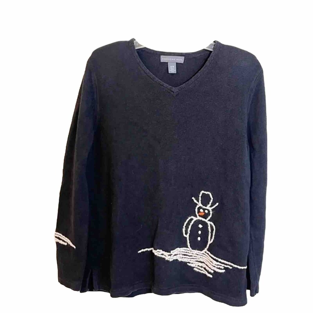 Northern Isles Womens Navy Snowman Embroidered V-Neck Sweater Size M Holiday
